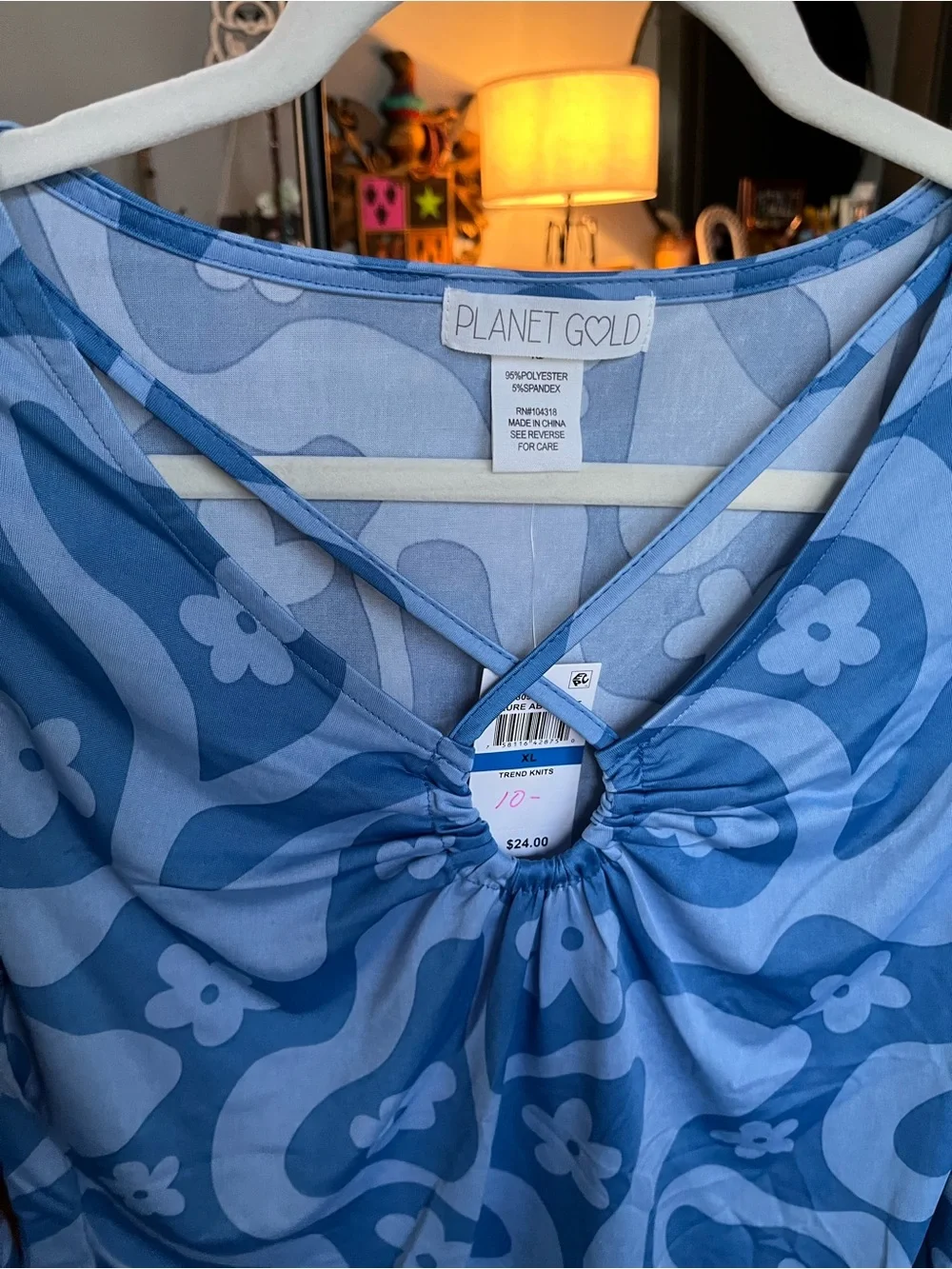 NWT Planet Gold Blue Floral Retro Long Sleeve Top - Picture 2 of 4